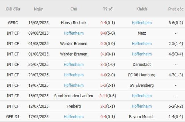  Phong độ gần đây Hoffenheim trình diễn